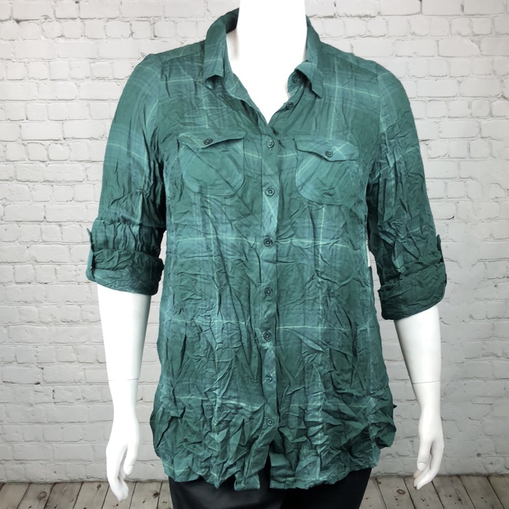 0X 2X 3X Style&Co Green Plaid Button Utility Shirt - Picture 2 of 6